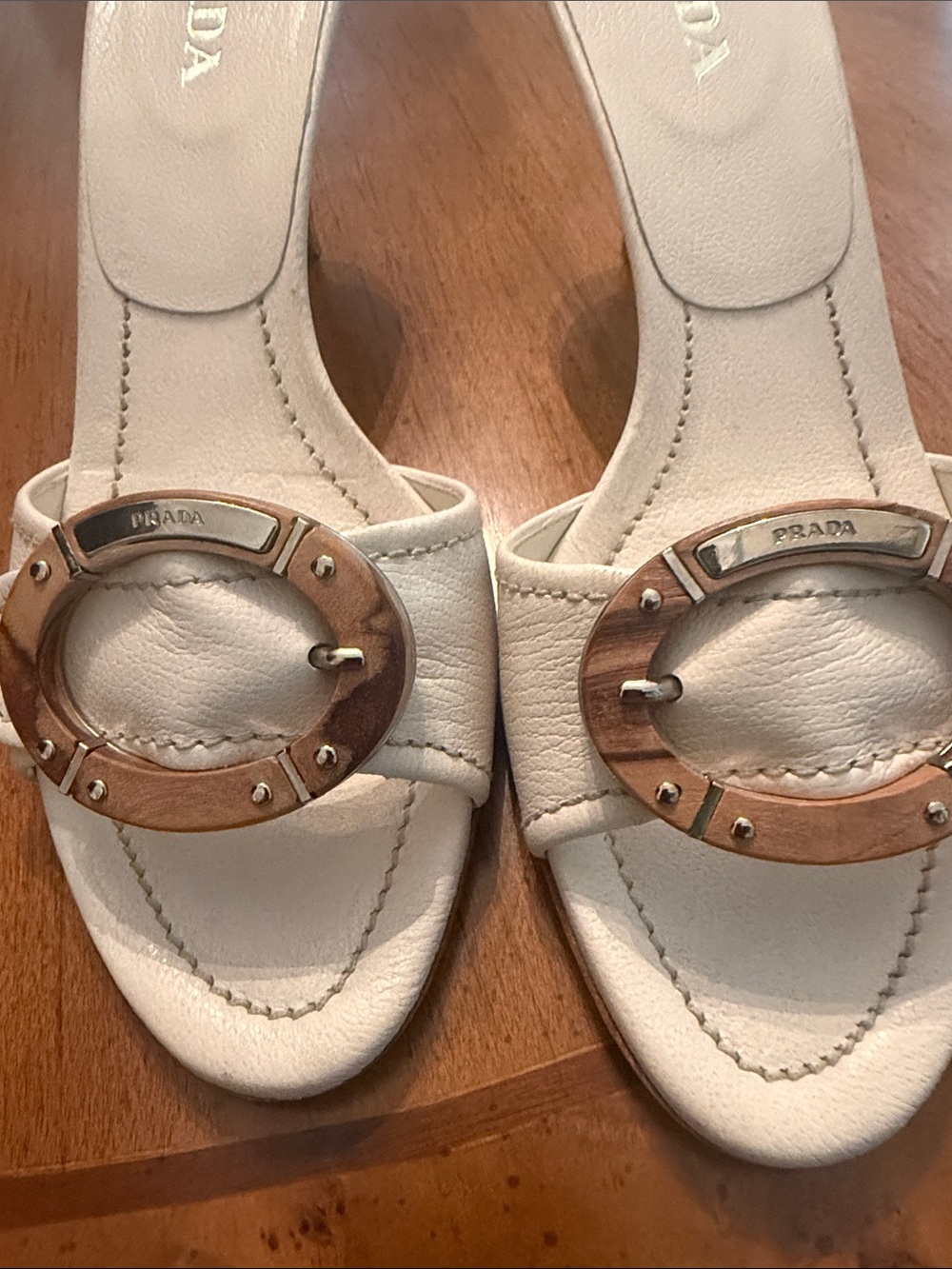 Prada White Leather Slide Mules with Wood-Tone Circular Buckle - Picture 6 of 6